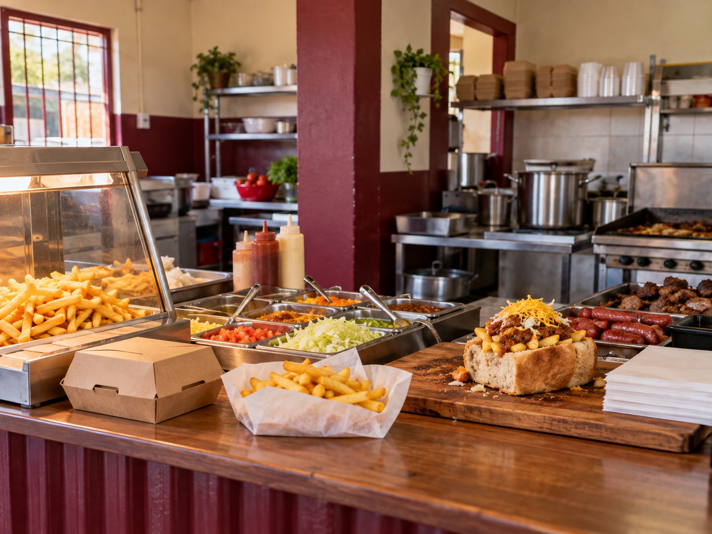 Warm local takeaway counter with kota ingredients and chips