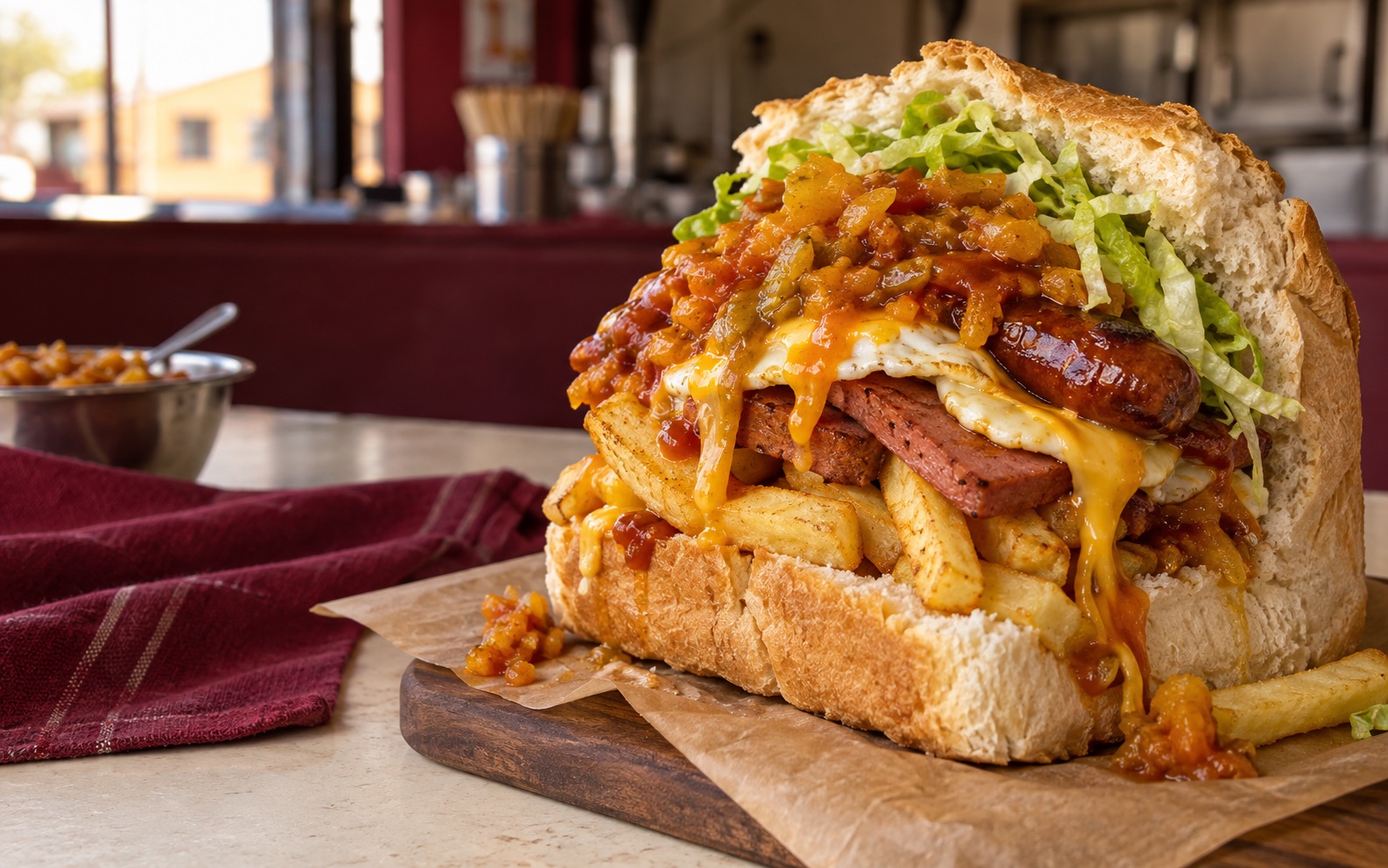 Full South African kota with chips, polony, cheese, egg, Russian and atchaar